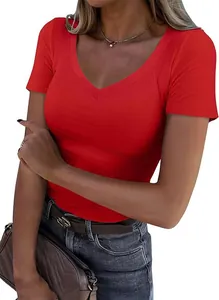 Detailed view of women's red ribbed V-neck slim fit short sleeve T-shirt