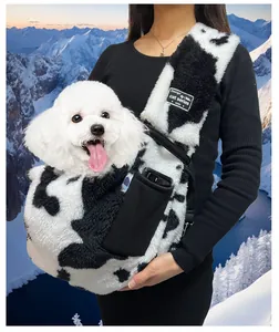 Soft plush cow print pet sling carrier for small dogs and cats in winter outing