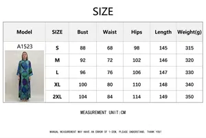 Size chart for round neck lace-up printed maxi dress with geometric patterns and measurements.