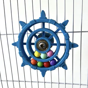 Detailed macro view of the interactive blue parrot ship wheel toy with colorful beads