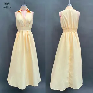 Yellow striped V-neck sleeveless maxi dress with cinched waist, front and back view