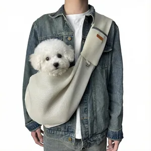 Breathable mesh pet sling carrier for cats and small dogs featuring a comfortable cross-body strap