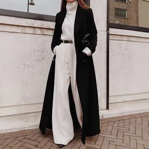 Damen Casual Langer Wollmantel Warm Polyester Revers Spleißen Mantel Trenchcoat Für Herbst Winter Damen Mode Bekleidung
