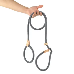 Durable grey heavy duty slip lead dog leash with premium leather accents and ring