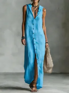 Bohemian sleeveless hooded maxi dress with button-down front in vibrant sky blue