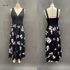 Front and back detail of V-neck floral print sleeveless maxi dress on mannequin