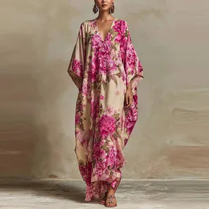 Abito Maxi Ampio Bohemien con Stampa Floreale e Scollo a V Profondo da Donna Kaftan Casual Vacanze Estive Abito da Spiaggia