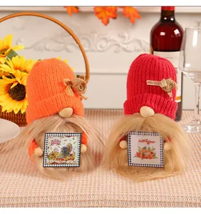 Gnomi del Ringraziamento con cappelli lavorati a maglia e cartelli per l'autunno.