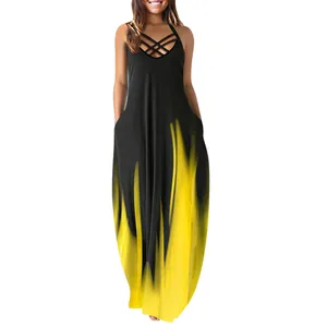 Sleeveless maxi dress featuring flame print and criss-cross neckline detail.