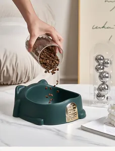 Detailed view of dark green cat-shaped pet bowl with a luxury gold wealth character