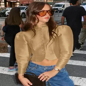 Elegant vintage champagne satin puff sleeve cropped shirt with stand collar for women