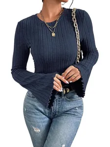 Elegant navy blue ribbed long-sleeve top featuring stylish flared cuffs and classic round neck