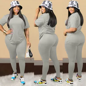 Detail view of women's grey round neck t-shirt and leggings set from three different angles