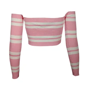 Detail of pink and white striped off-the-shoulder knit crop top with long sleeves.