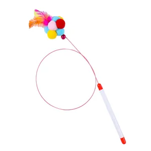 Varita interactiva para gatos con pompones de colores, plumas y cascabel en alambre de acero
