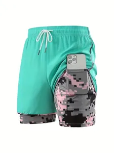 Close-up detail of women's 2-in-1 athletic running shorts with a hidden phone pocket.