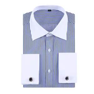 Men Business Formal Long Sleeve French Cuff Shirt Striped Jacquard Turn-Down Collar Regular Fit Cotton Blend Top With Cufflinks