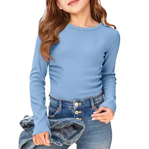 Detail of girls' light blue long sleeve ribbed T-shirt with slim fit casual design