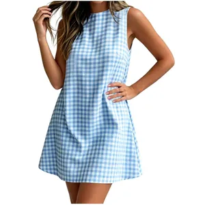 Detailed view of the blue and white gingham pattern on a sleeveless women's casual dress