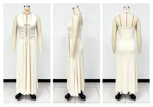 Three-view display of an elegant beige halter neck deep V-cut sleeveless maxi dress for women