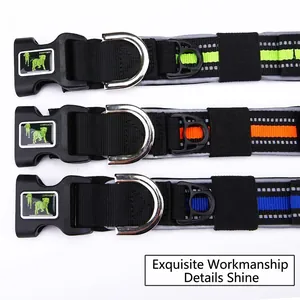 Close-up of reflective pet collars featuring sturdy buckles and secure metal D-rings