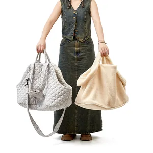 Detail view of quilted and faux shearling pet carrier bags for cats and dogs