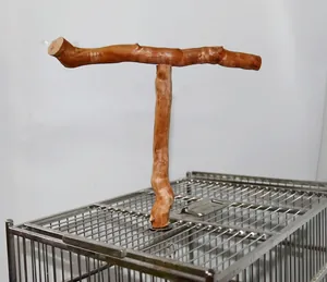 Detailaufnahme einer T-förmigen Vogelstange aus Naturholz an einem Metallkäfig