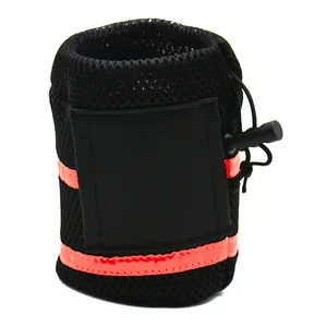 Detailed view of black mesh storage pouch with high-visibility reflective orange stripes.