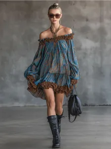 Elegant vintage blue leopard print off-the-shoulder mini dress with stylish long sleeves