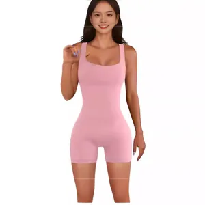 Sleeveless pink square neck slimming bodysuit romper for women yoga and summer fitness sessions