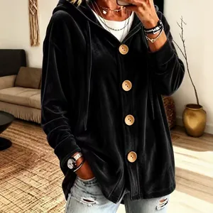 Gilet à capuche en velours noir pour femme coupe large avec boutons en bois