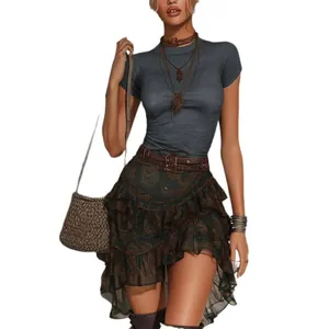 Stylish women's two-piece set featuring a gray slim T-shirt and ruffled floral mini skirt