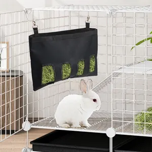 Large capacity black fabric rabbit hay feeder bag with four feeding holes in wire cage