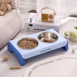 Double stainless steel pet bowls with ergonomic blue raised stand for cats and dogs