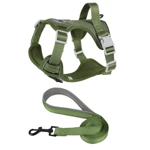 Olive green reflective breathable dog harness and leash set with mesh lining detail