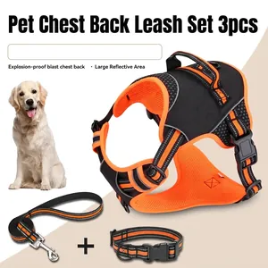 Reflektierendes orange-schwarzes 3-teiliges Hundegeschirr-Set mit Leine und Halsband für Tiere