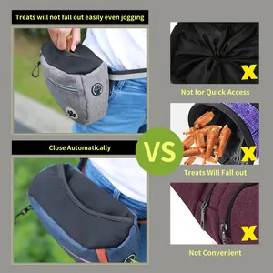 Close-up of automatic closing dog training bag vs traditional drawstring designs