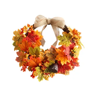 Artificial maple leaf autumn wreath with burlap bow for front door and wall decor