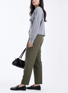 Detail view of women's olive green high-waisted straight-leg commuter dress pants