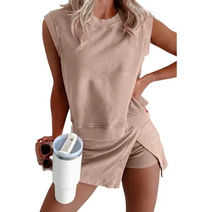 Detail of a chic sleeveless top and matching skort set for women in a casual style.