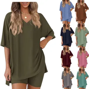 Women Casual Top And Bottom Lounge Set V Neck Short Sleeve Loose Shirt And High Waist Elastic Shorts Summer Tracksuit