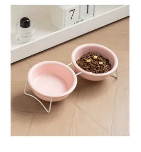 Gros plan d'un double bol en céramique rose pour animaux avec support en métal blanc minimaliste