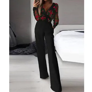 Mono de Mujer Moda Malla Patchwork Bordado Floral Escote en V Slim Fit Pierna Ancha Elegante Manga Larga Negro Romper