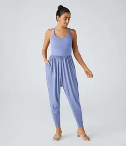 Elegant light blue sleeveless jumpsuit for women with tapered legs and side pockets