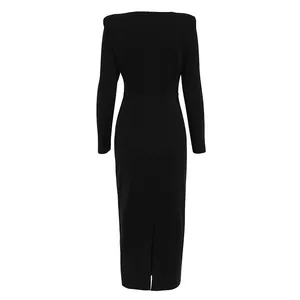 Detailed back view of an elegant slim-fit French style long-sleeved midi black dress