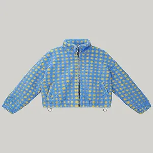 Fashionable blue and yellow checkered lamb wool fleece jacket for women with zipper.