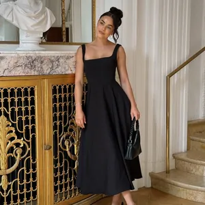 Elegant black square neck sleeveless midi dress with cinched waist for summer