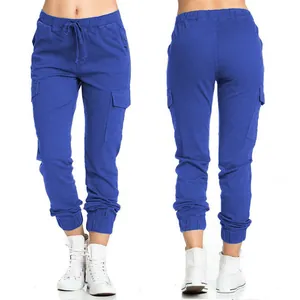 Front and back view of blue cargo joggers with drawstring waist and side pockets.