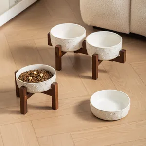 Elevated Ceramic Pet Bowl With Acacia Wood Stand Raised Cat Dog Food Water Feeder Embossed Paw Pattern Anti-Flip Orthopedic Bowl