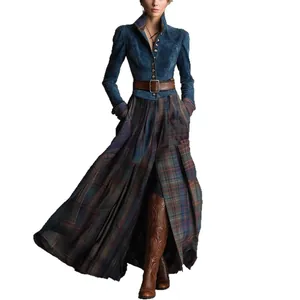 Vintage-Stil Wildleder-Patchwork langarm Maxikleid mit kariertem Rock und Gürtel